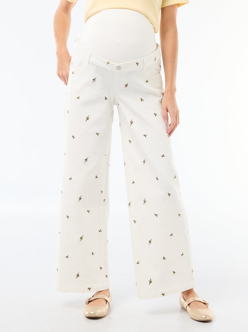 Pantalon grossesse avec ceinture stretch et motif brodé Blanc - Kiabi