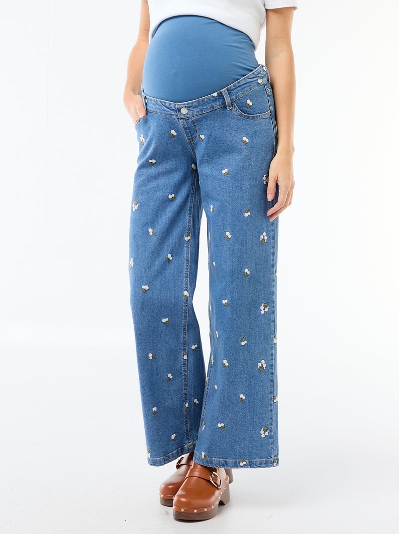 Pantalon grossesse avec ceinture stretch et motif brodé Bleu - Kiabi