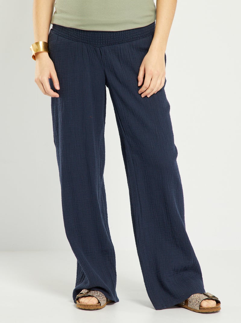Pantalon grossesse en gaze de coton bleu marine - Kiabi