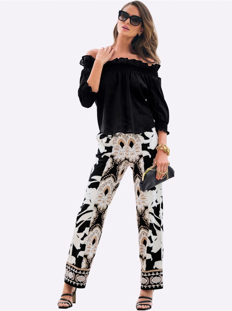 Pantalon Imprimé Bordures Imprimées - Taille Standard - Helline Noir Beige - Kiabi