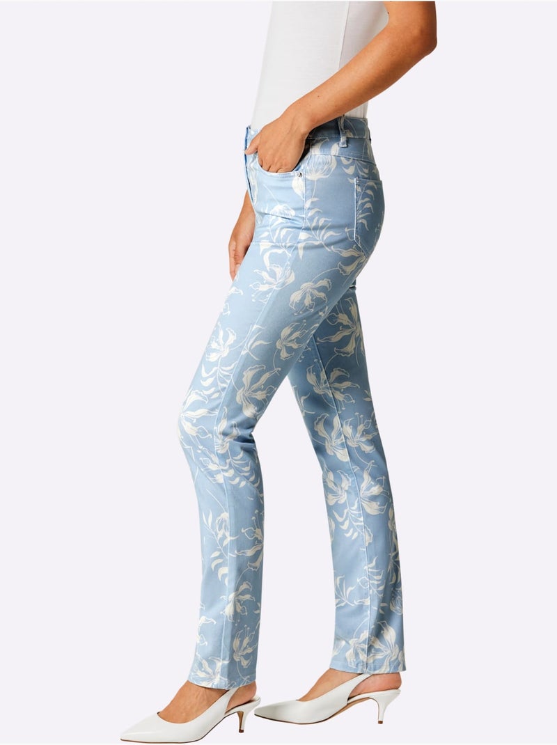 Pantalon Imprimé Mélange Coton Et Lyocell De Qualité - Taille Courte - helline Bleu Ecru - Kiabi