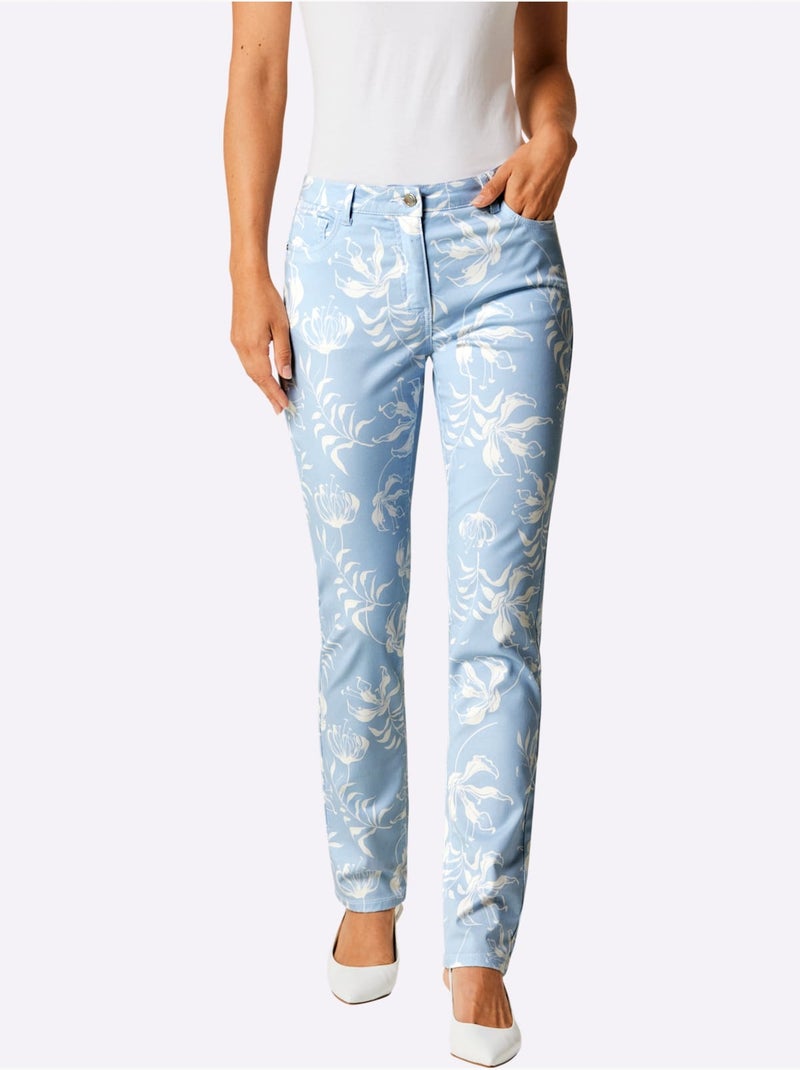 Pantalon Imprimé Mélange Coton Et Lyocell De Qualité - Taille Courte - helline Bleu Ecru - Kiabi