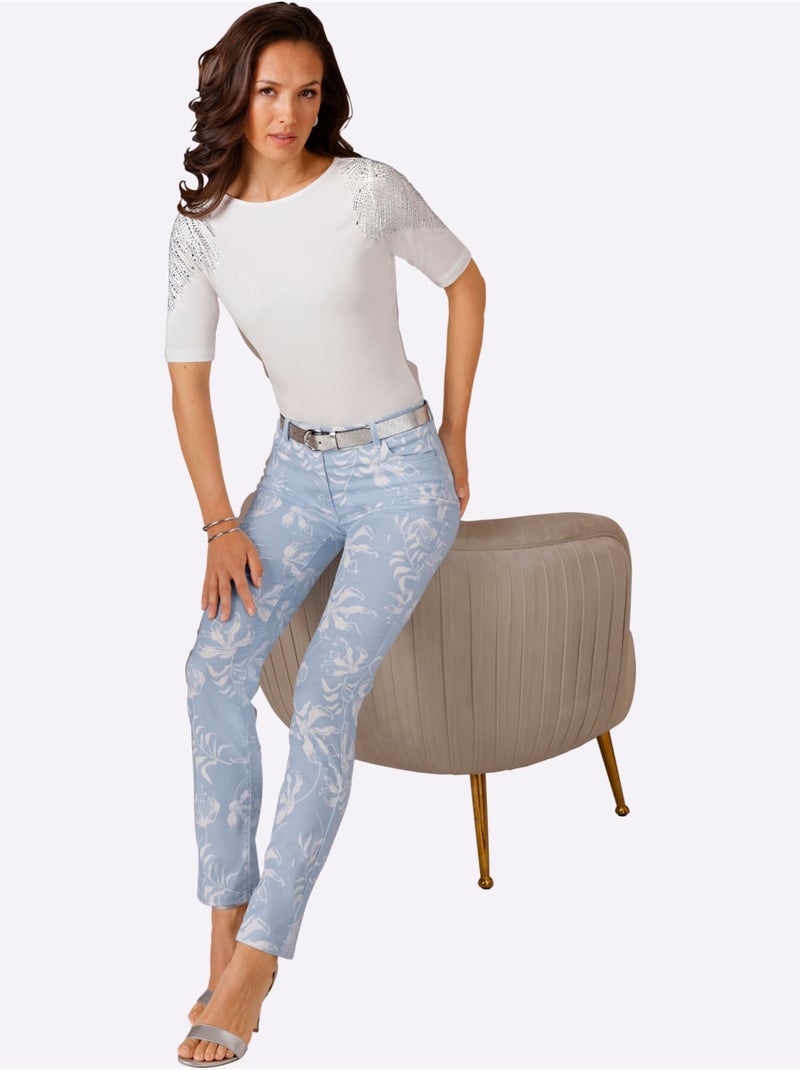 Pantalon Imprimé Mélange Coton Et Lyocell De Qualité - Taille Standard - helline Bleu Ecru - Kiabi