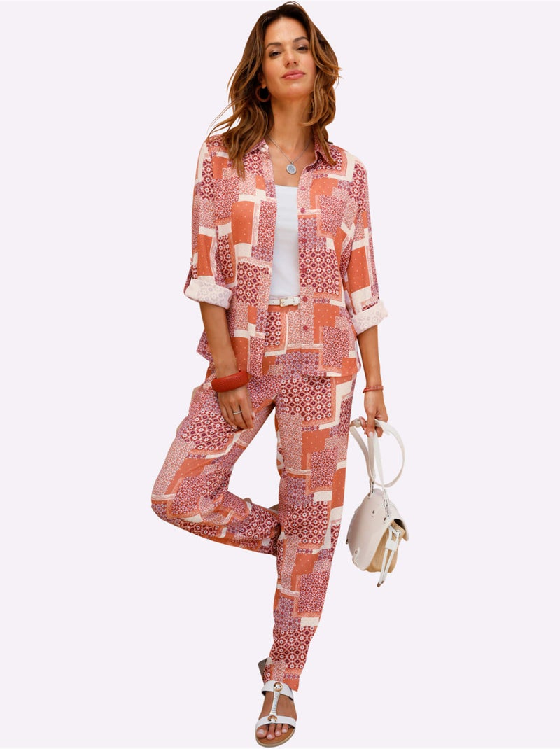 Pantalon Imprimé Viscose Douce Et Fluide - Taille Courte - Witt Blanc Orange - Kiabi