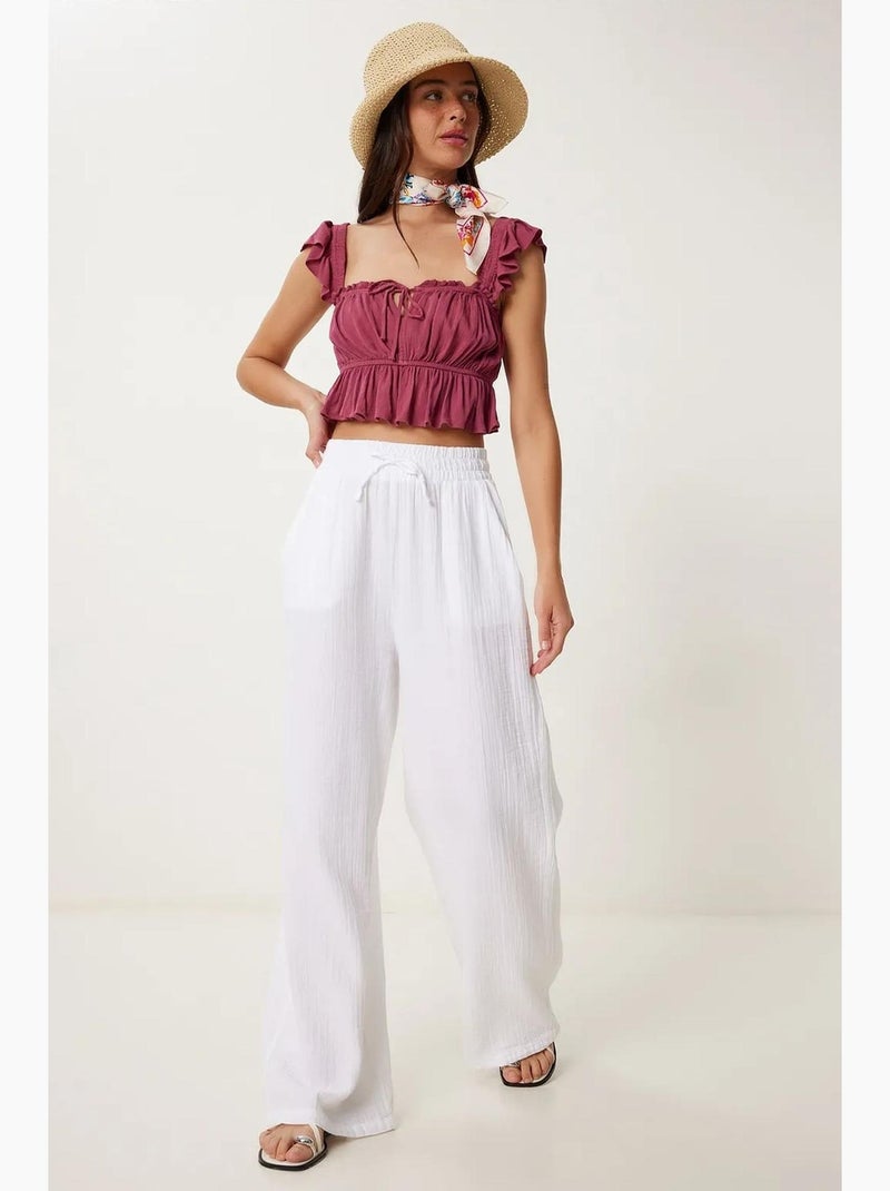 Pantalon jambes larges, taille élastique, cordon de serrage, finitions bordées istanbul Blanc - Kiabi