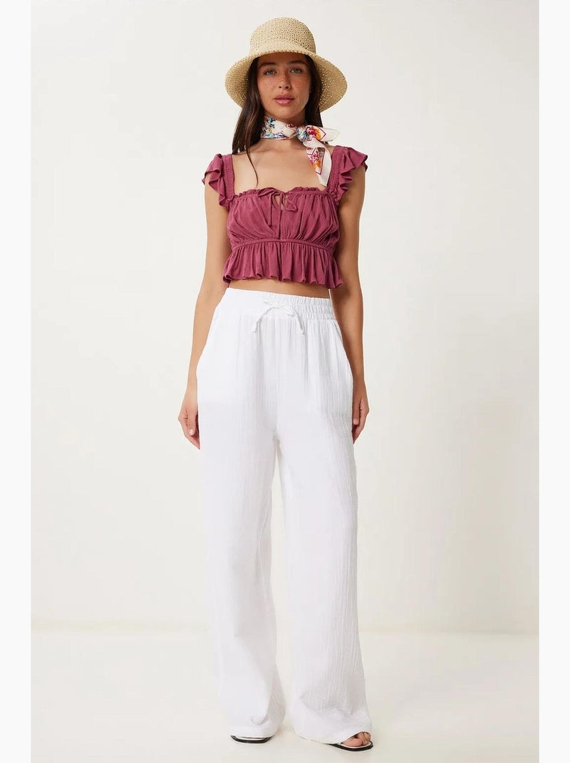 Pantalon jambes larges, taille élastique, cordon de serrage, finitions bordées istanbul Blanc - Kiabi