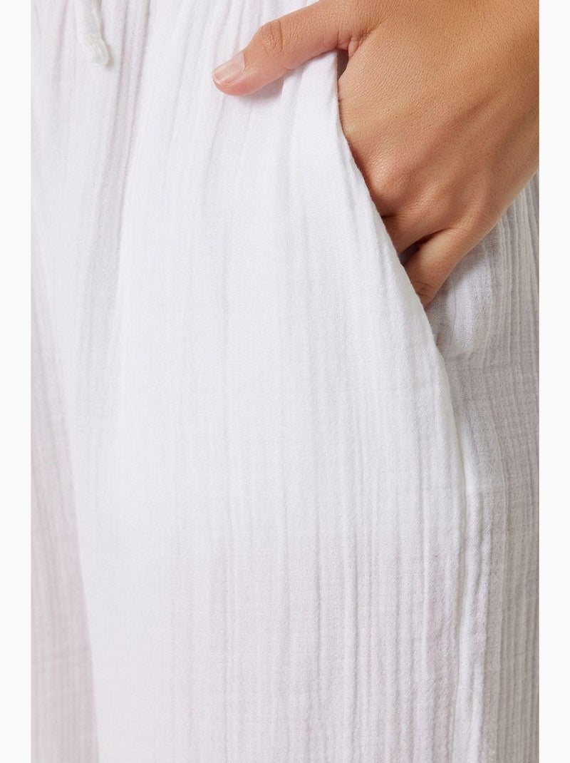 Pantalon jambes larges, taille élastique, cordon de serrage, finitions bordées istanbul Blanc - Kiabi