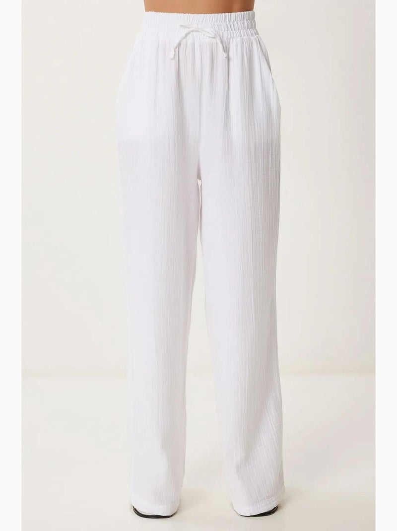 Pantalon jambes larges, taille élastique, cordon de serrage, finitions bordées istanbul Blanc - Kiabi