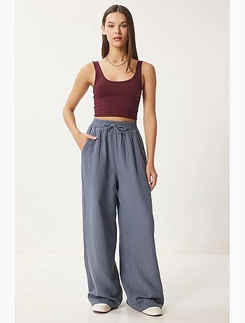 Pantalon jambes larges, taille élastique, cordon de serrage, finitions bordées istanbul