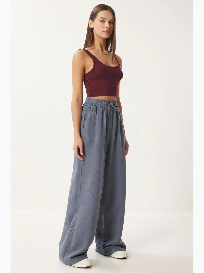 Pantalon jambes larges, taille élastique, cordon de serrage, finitions bordées istanbul Gris Noir - Kiabi