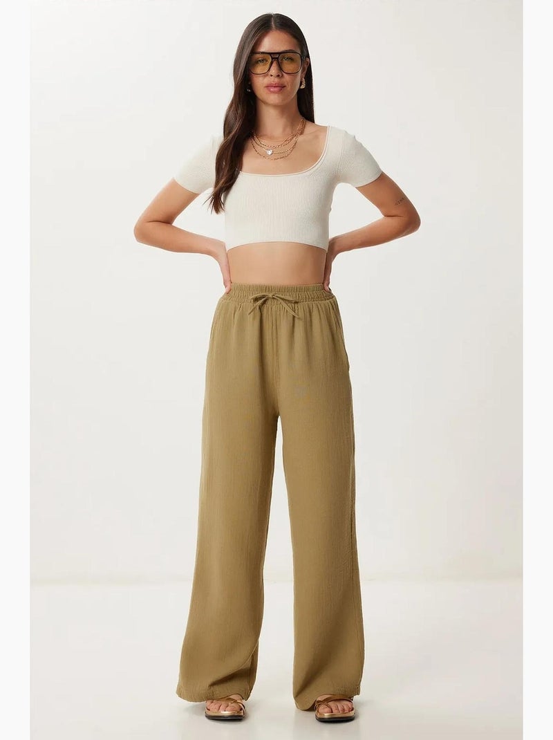 Pantalon jambes larges taille élastique cordon finitions bordées istanbul Kaki - Kiabi