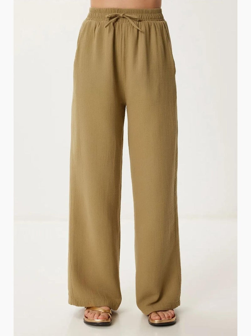 Pantalon jambes larges taille élastique cordon finitions bordées istanbul Kaki - Kiabi
