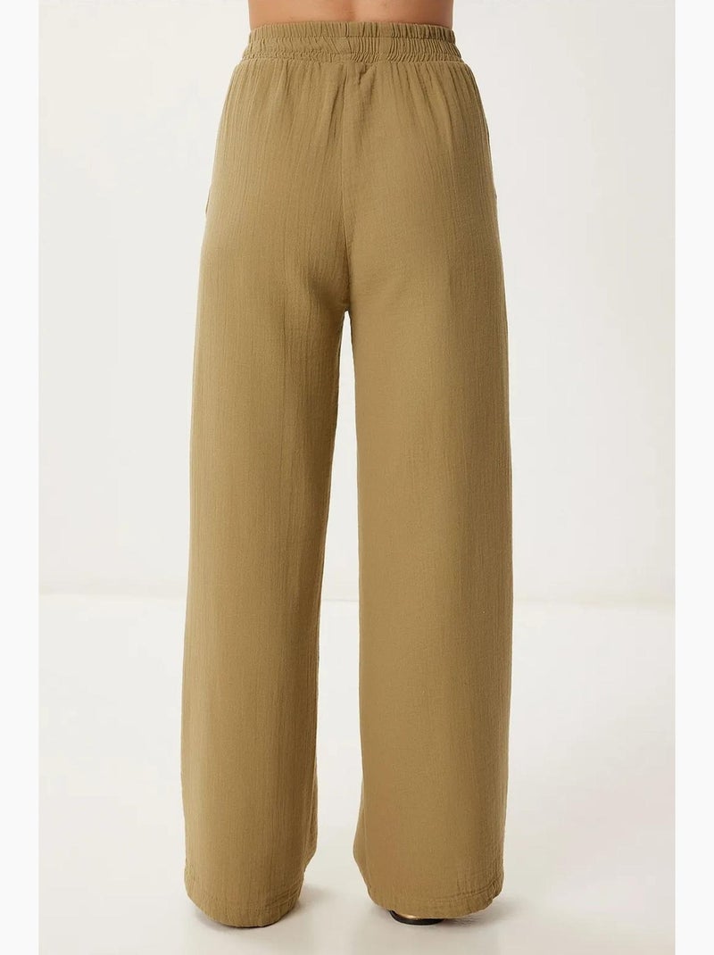 Pantalon jambes larges taille élastique cordon finitions bordées istanbul Kaki - Kiabi