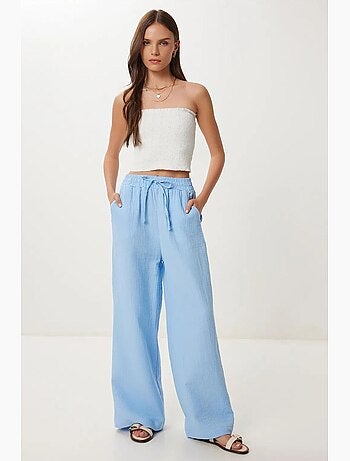 Pantalon jambes larges, taille élastique, cordon de serrage, finitions bordées istanbul