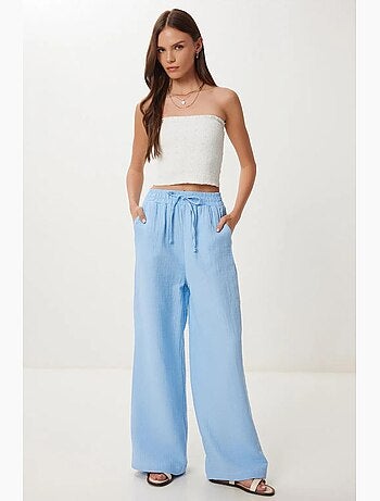 Pantalon jambes larges, taille élastique, cordon de serrage, finitions bordées istanbul