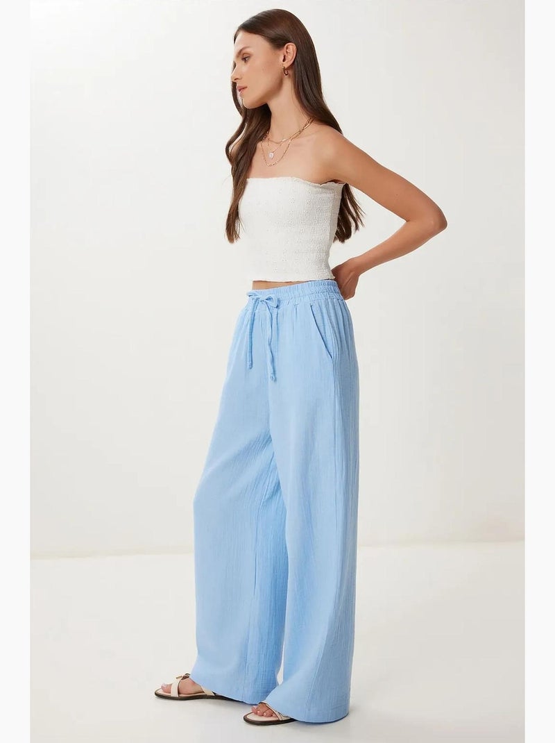Pantalon jambes larges taille élastiquée avec cordon et finitions bordées istanbul Bleu ciel - Kiabi