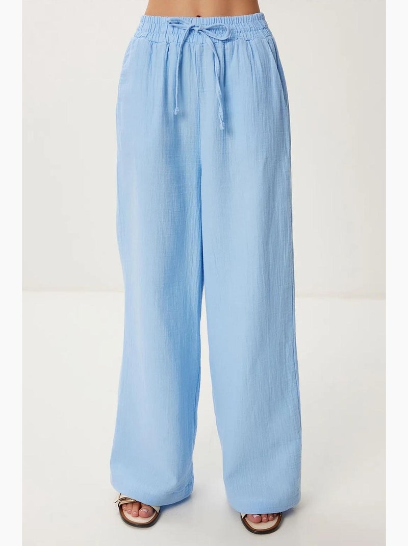 Pantalon jambes larges taille élastiquée avec cordon et finitions bordées istanbul Bleu ciel - Kiabi