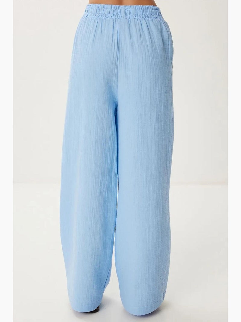 Pantalon jambes larges taille élastiquée avec cordon et finitions bordées istanbul Bleu ciel - Kiabi