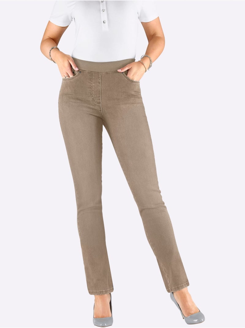 pantalon jean droit femme avec poches avant et arrière aspect délavé - Taille courte - Witt Beige - Kiabi