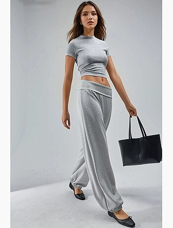 Pantalon jogger en maille à taille mi-haute et jambe large busem