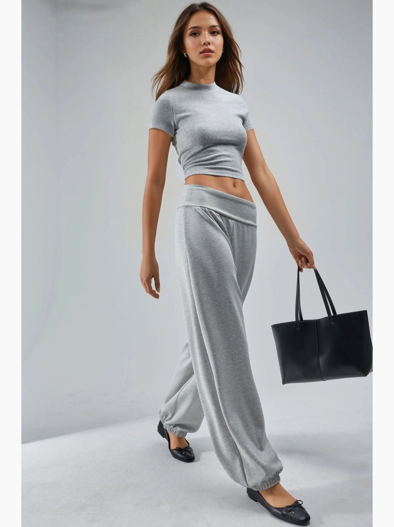 Pantalon jogger en maille à taille mi-haute et jambe large busem Gris clair - Kiabi