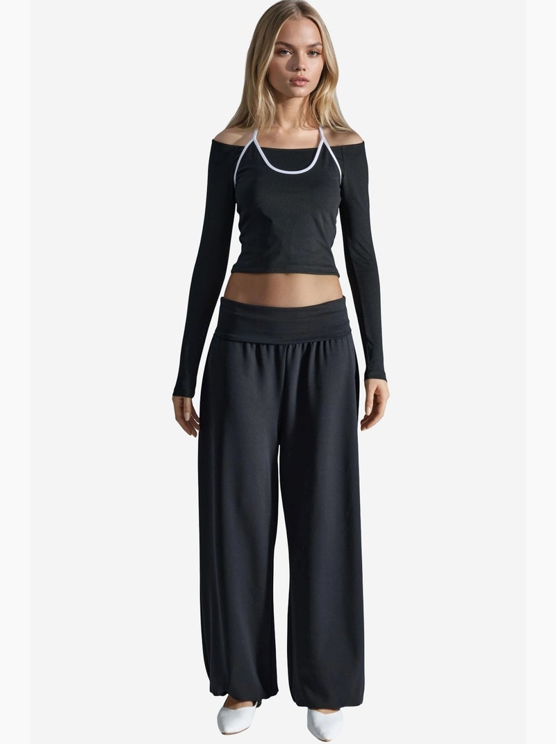 Pantalon jogger en maille à taille mi-haute et jambe large busem Noir - Kiabi