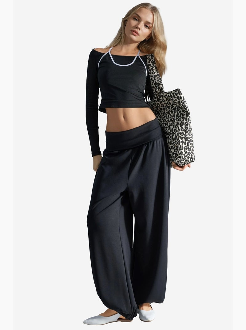 Pantalon jogger en maille à taille mi-haute et jambe large busem Noir - Kiabi