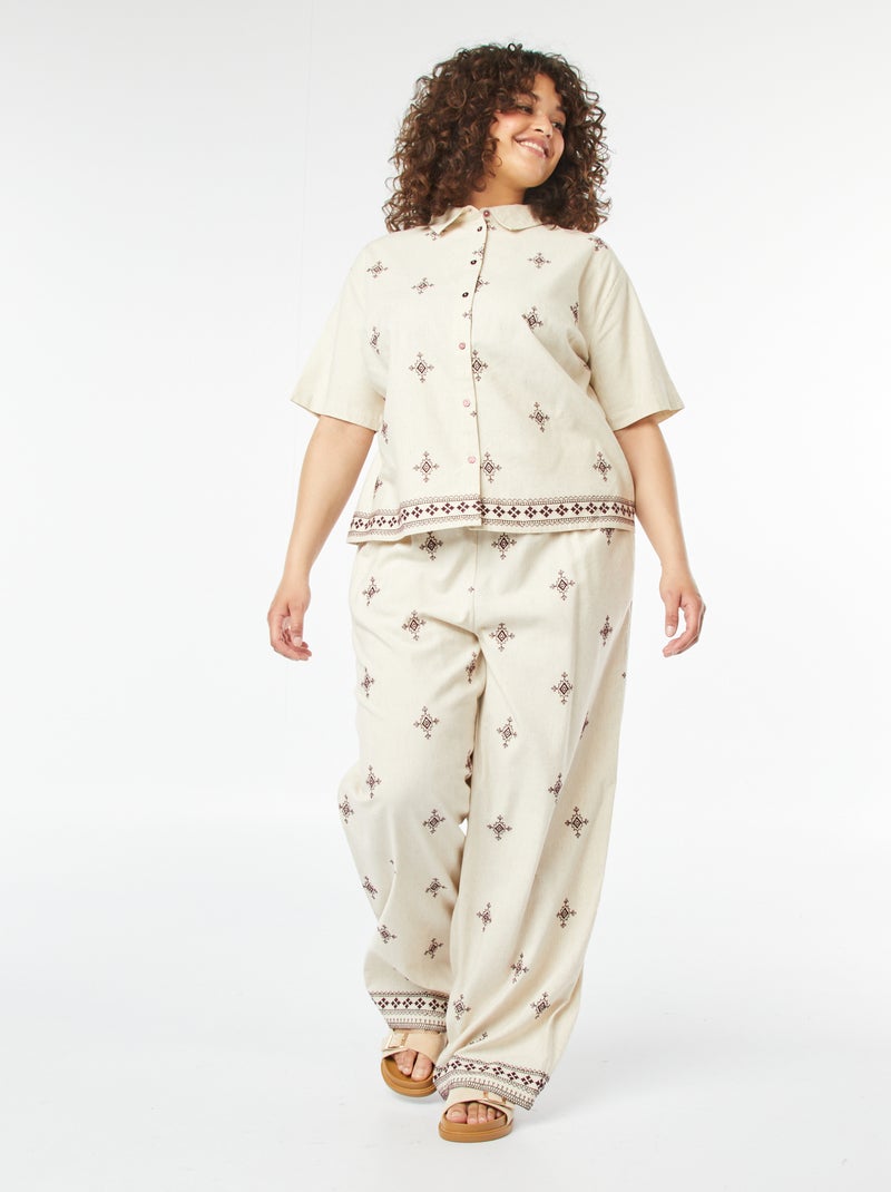 Pantalon large 3/4 brodé Beige - Kiabi