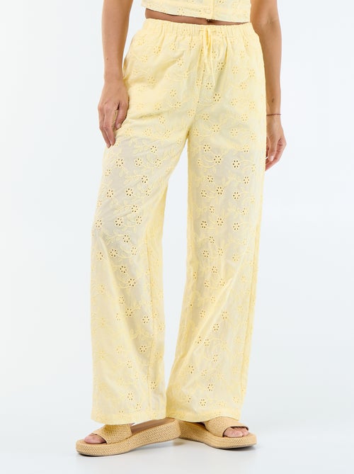 Pantalon large à broderie anglaise en coton uni - Kiabi