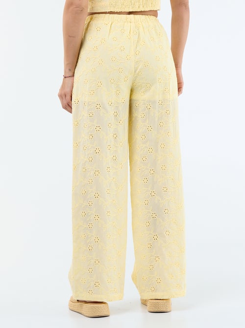 Pantalon large à broderie anglaise en coton uni - Kiabi