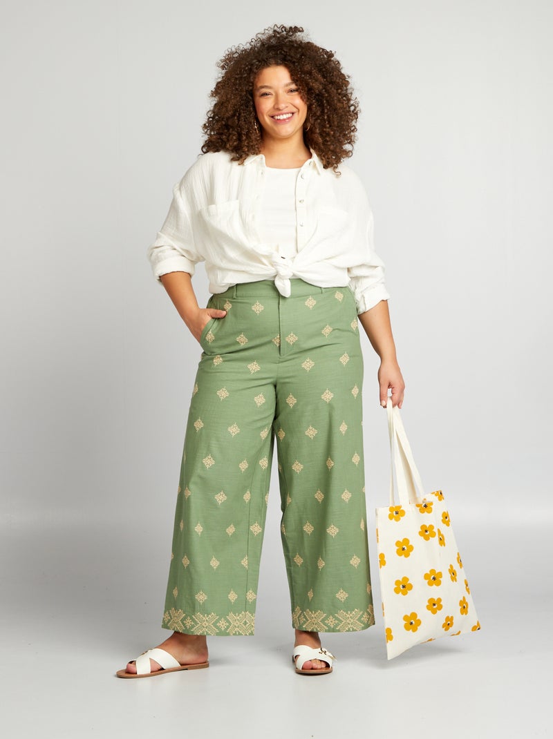Pantalon large à broderies Vert - Kiabi