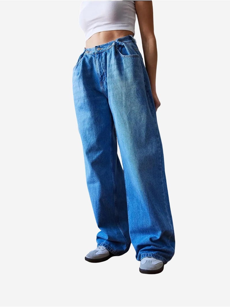 Pantalon large à ceinture et boutons lucci Bleu clair - Kiabi