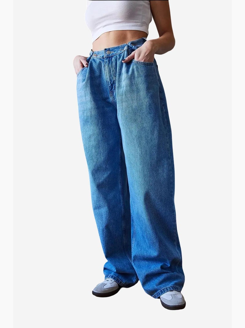 Pantalon large à ceinture et boutons lucci Bleu clair - Kiabi