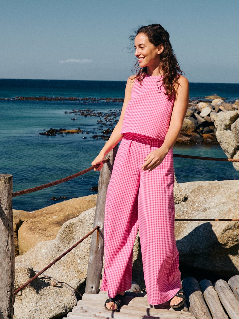 Pantalon large à motif Vichy Rose - Kiabi