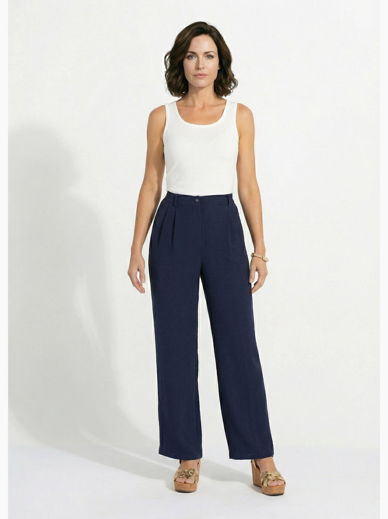 Pantalon large à pinces taille élastiquée - afibel Bleu marine - Kiabi