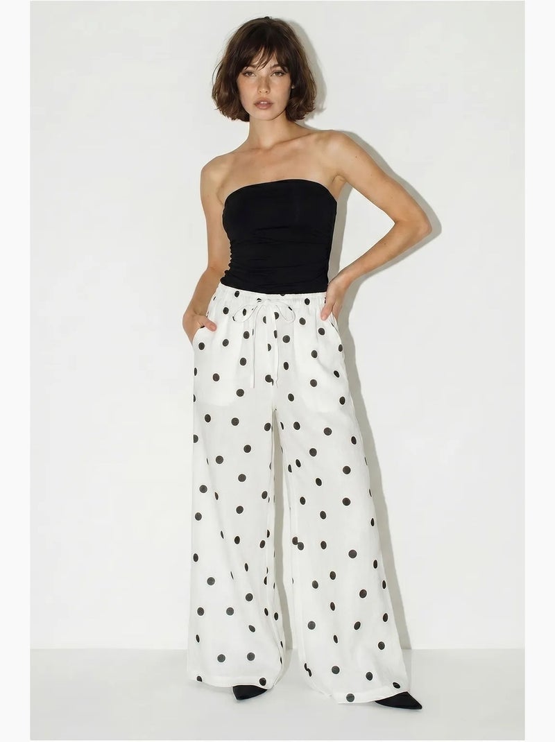 Pantalon large à pois avec ceinture à nouer lucci Blanc cassé - Kiabi