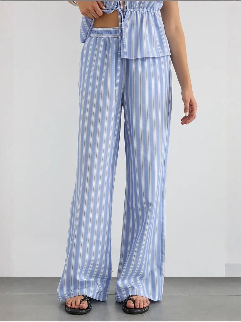 Pantalon large à rayures avec taille élastique Bleu - Kiabi