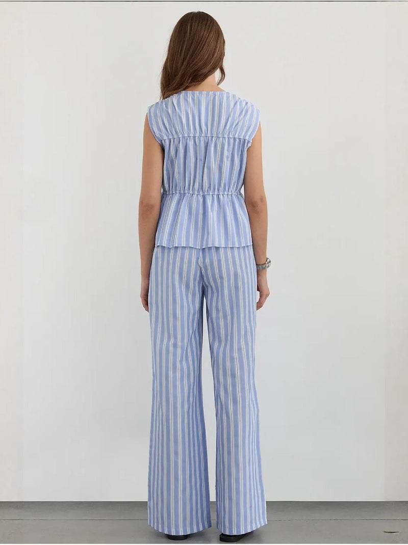 Pantalon large à rayures avec taille élastique Bleu - Kiabi