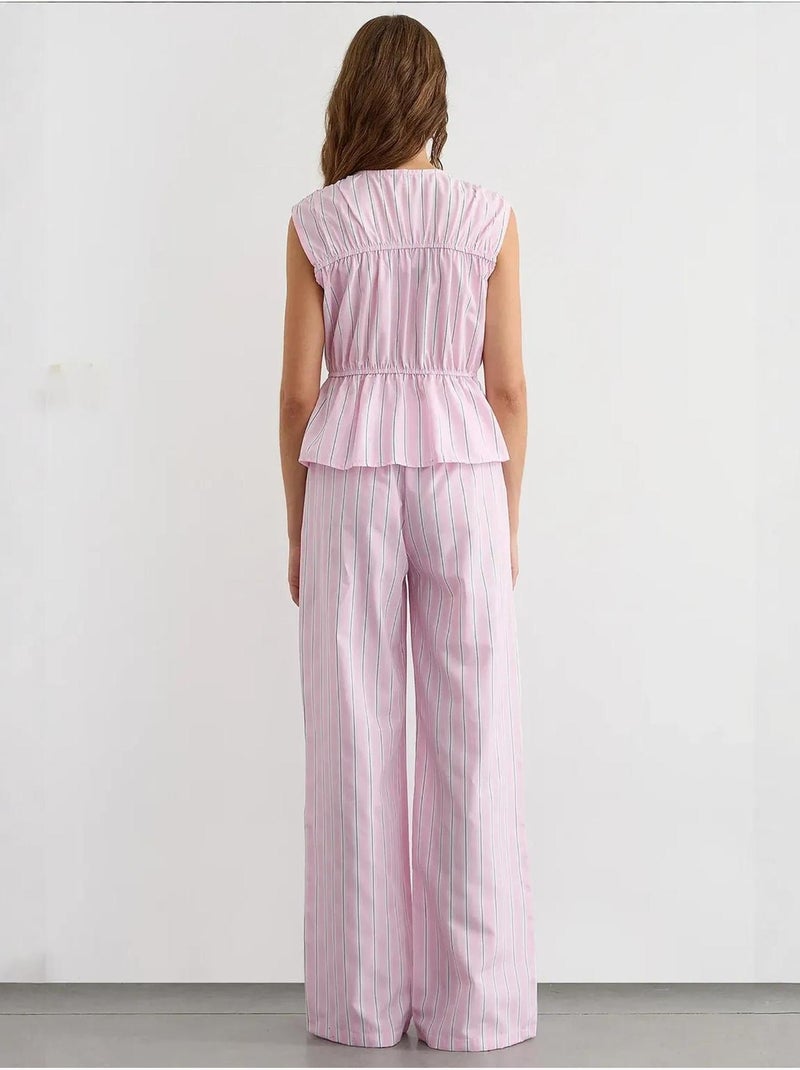 Pantalon large à rayures avec taille élastique Rose - Kiabi