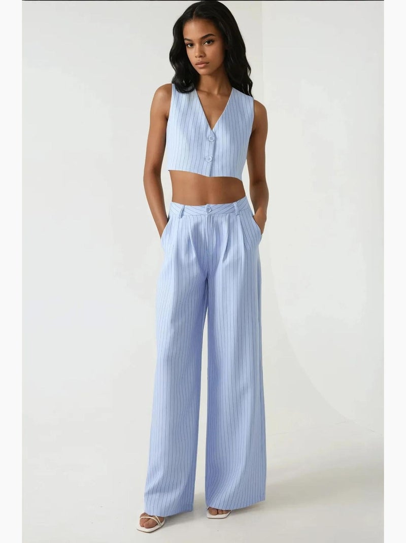 Pantalon large à rayures taille haute, collection pika hiccup Bleu ciel - Kiabi