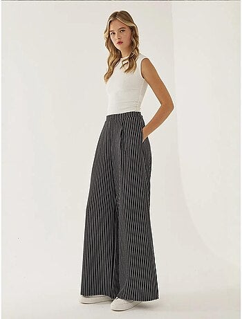 Pantalon large à rayures taille haute