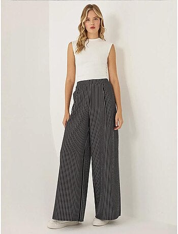 Pantalon large à rayures taille haute