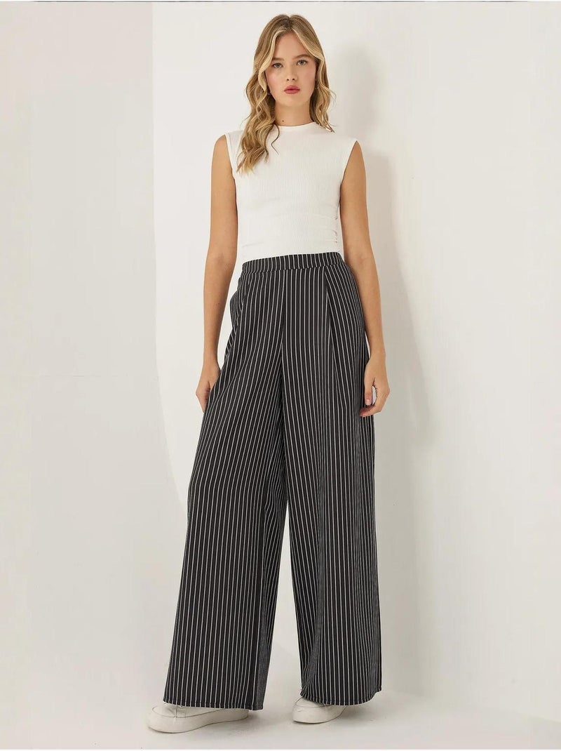 Pantalon large à rayures taille haute Noir - Kiabi