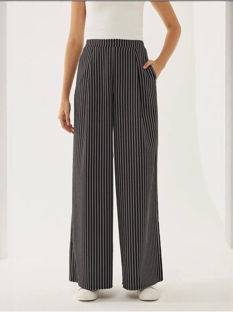 Pantalon large à rayures taille haute Noir - Kiabi