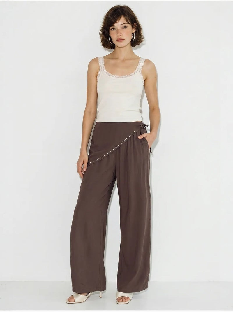 Pantalon large à taille élastique lucci Marron chocolat - Kiabi