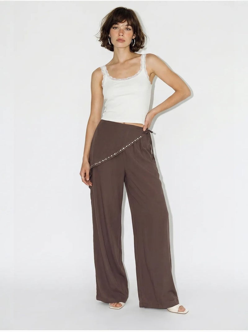 Pantalon large à taille élastique lucci Marron chocolat - Kiabi