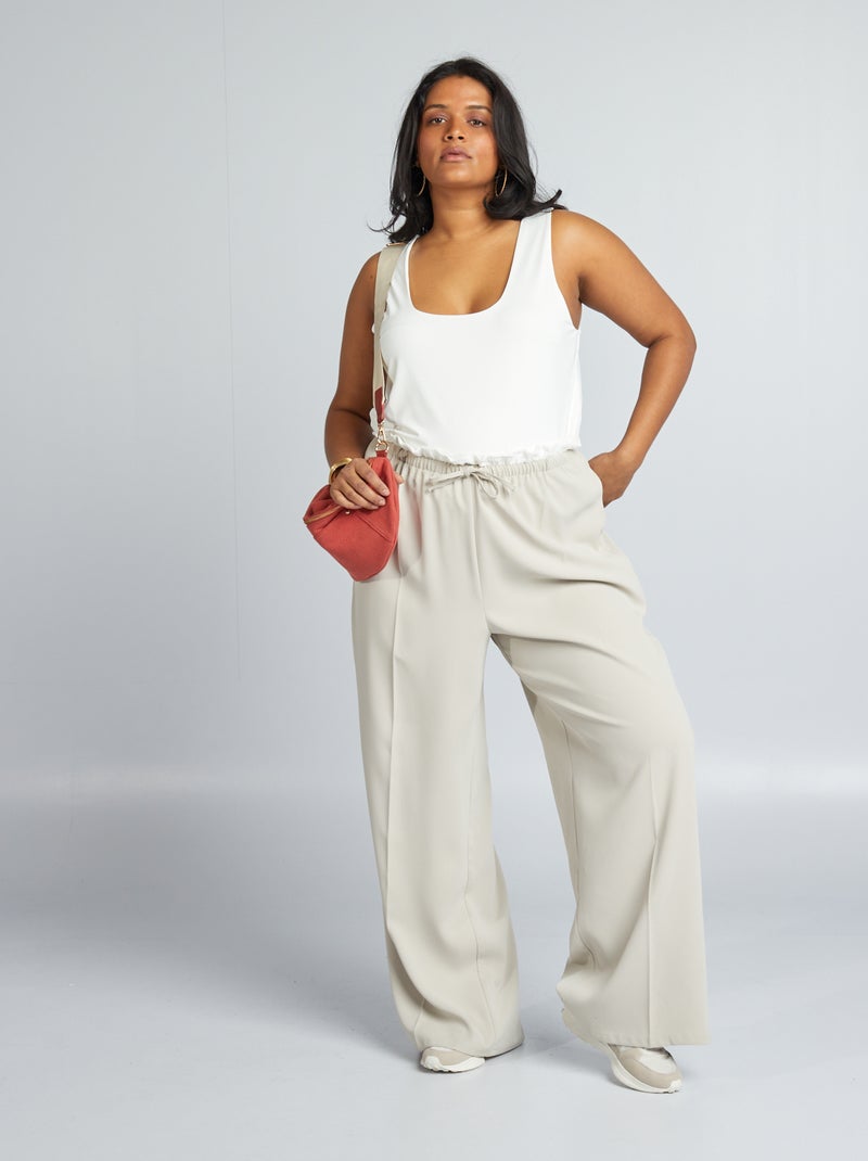 Pantalon large à taille élastiquée Beige/blanc - Kiabi