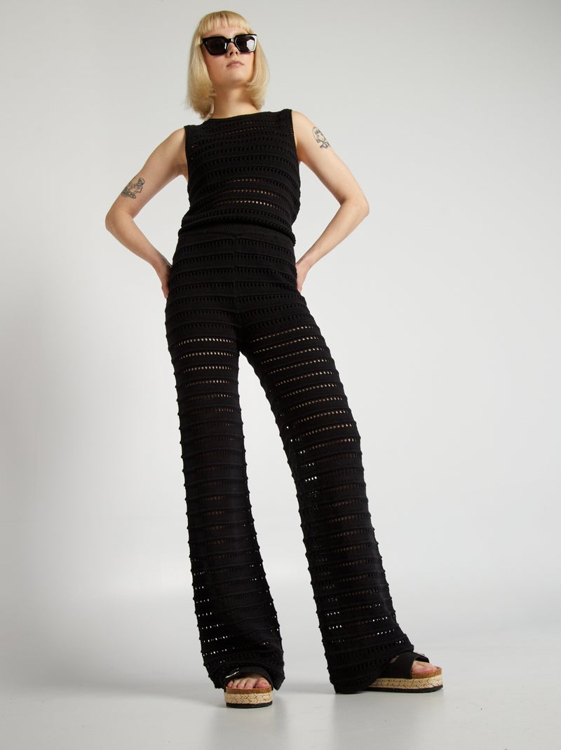 Pantalon large à taille élastiquée en maille ajourée noir - Kiabi