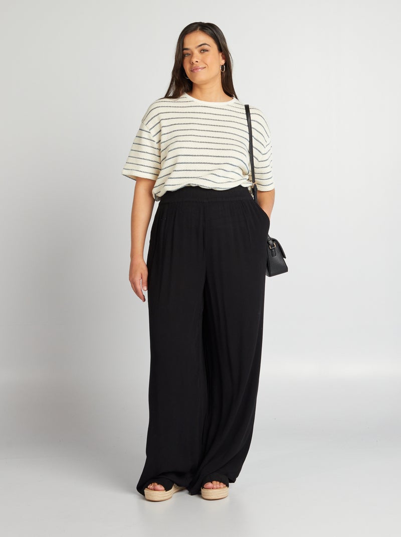 Pantalon large à taille élastiquée noir - Kiabi
