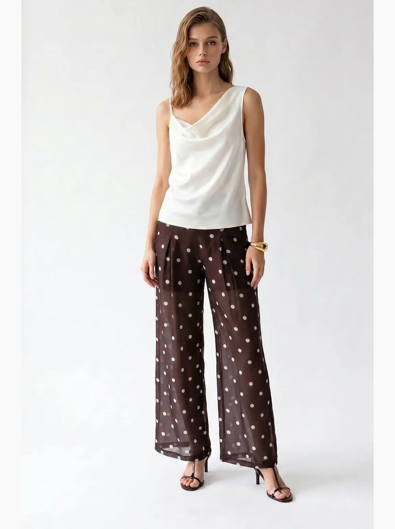 Pantalon large à taille haute à pois mixray Marron chocolat - Kiabi